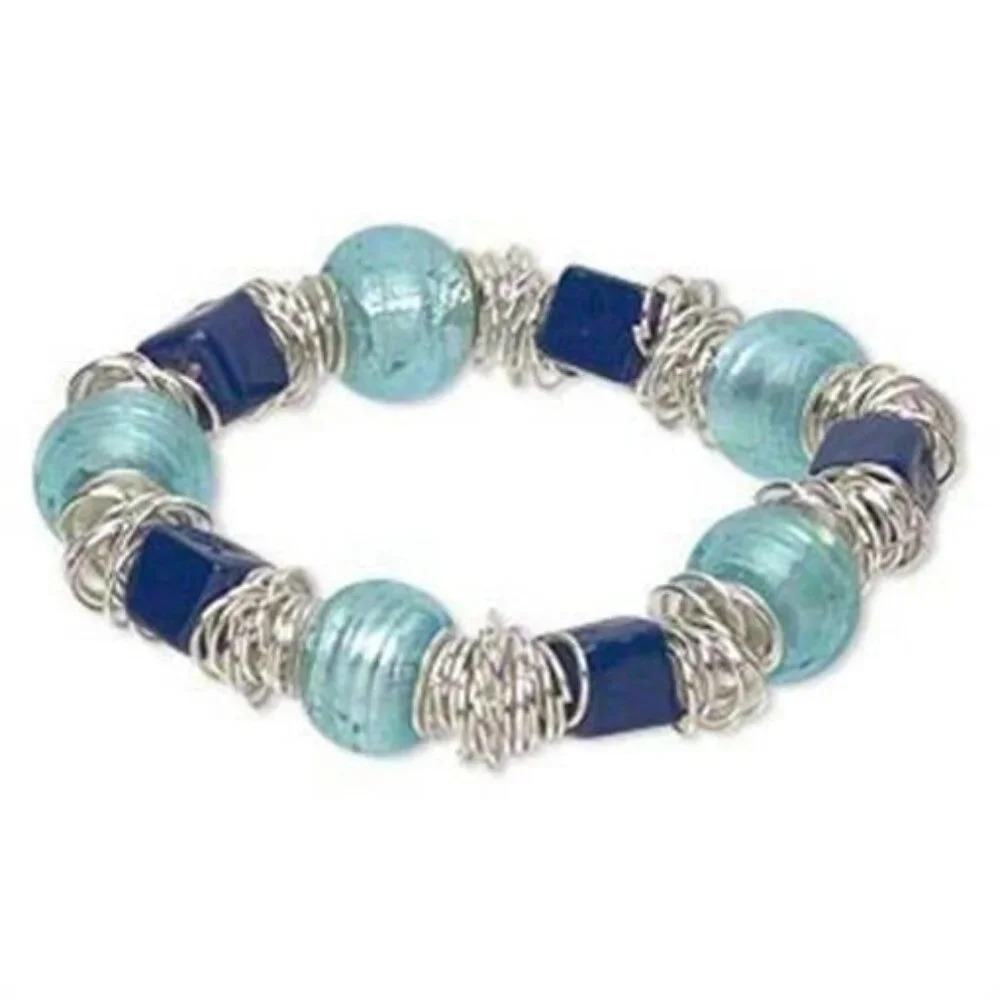 Cobalt Blue Aqua Murano Lampwork Glass and Silver Metal Rings Stretch Bracelet